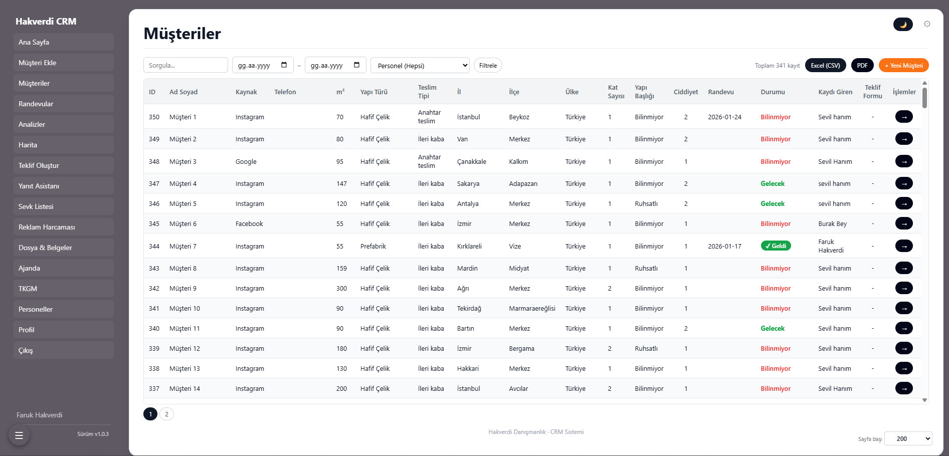 Örnek CRM ekranı: müşteri listesi ve filtreleme görünümü
